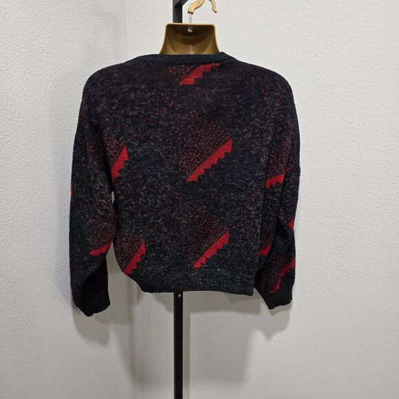 Vtg 80s Cuccini Italian Red Black Mens Sweater Sz XL Grandpa Geometric Warm Cozy - Picture 4 of 8